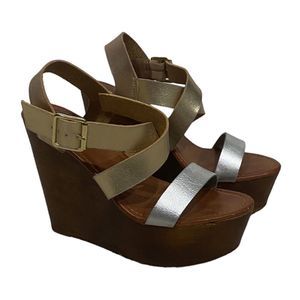 Lulu’s Platform Sandals Metalic Vegan Leather Wedges Bamboo 35/5.5